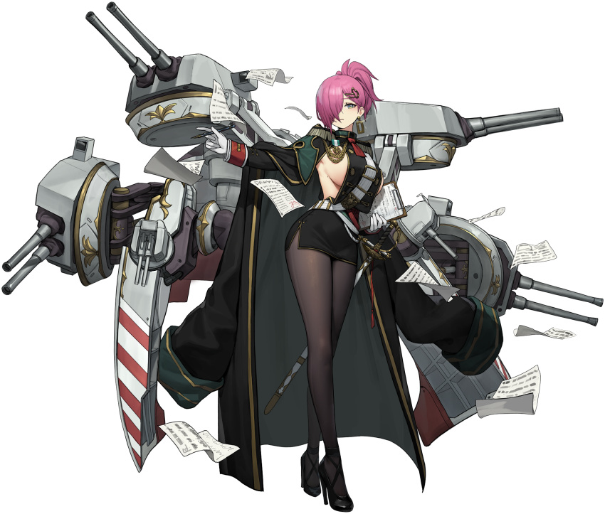 1girl azur_lane bangs belt black_footwear breasts clipboard coat coat_on_shoulders earrings epaulettes gloves green_eyes hair_ornament hairclip high_heels highres jewelry large_breasts logo long_hair long_legs long_sleeves machinery miniskirt mole mole_under_eye official_art oversized_clothes pantyhose paper pen purple_hair revealing_clothes romana shiny shiny_hair sideboob simple_background skirt solo sword tied_hair transparent_background trieste_(azur_lane) turret uniform weapon white_background white_gloves
