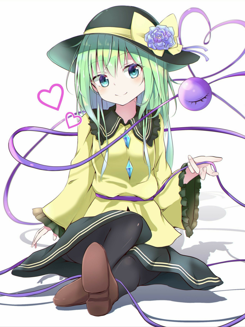 1girl aqua_eyes bangs black_headwear black_legwear blouse brown_footwear buttons clip_studio_paint_(medium) closed_mouth collared_blouse commentary_request diamond_button eyeball eyebrows_visible_through_hair flower frilled_shirt_collar frilled_sleeves frills full_body green_hair green_skirt hair_between_eyes hair_flower hair_ornament hat hat_ribbon head_tilt heart heart_of_string highres iyo_(ya_na_kanji) komeiji_koishi long_hair long_sleeves looking_at_viewer on_floor pantyhose purple_flower purple_rose ribbon rose shadow shiny shiny_hair shoes simple_background skirt smile solo third_eye touhou white_background wide_sleeves yellow_blouse yellow_ribbon