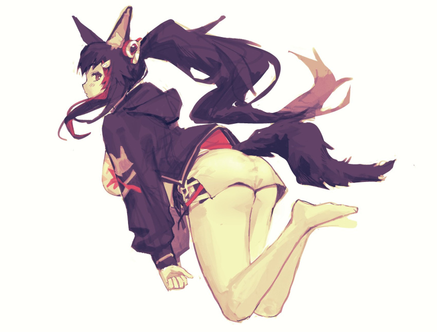 1girl animal_ear_fluff animal_ears bangs black_hair blush bow breasts brown_eyes eyebrows_visible_through_hair feet feet_together hair_bow hair_ornament highres hololive hood hoodie large_breasts legs long_hair long_sleeves looking_at_viewer multicolored_hair ookami_mio otaku_(twitter) ponytail redhead shorts solo sweater tail virtual_youtuber wolf_ears wolf_girl