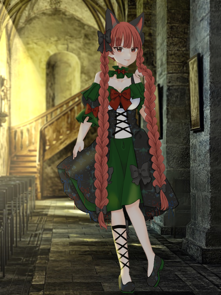 1girl adapted_costume animal_ears ao_orin_ringo bangs bare_shoulders black_bow black_ribbon blunt_bangs bow braid breasts cat_ears cat_tail closed_mouth corset dress dress_bow extra_ears eyebrows_behind_hair frills full_body green_dress hair_bow hair_ribbon highres kaenbyou_rin leg_ribbon light_blush light_smile long_hair looking_at_viewer medium_breasts multiple_tails nekomata off-shoulder_dress off_shoulder red_bow red_eyes redhead ribbon solo standing tail touhou tress_ribbon twin_braids twintails two_tails very_long_hair