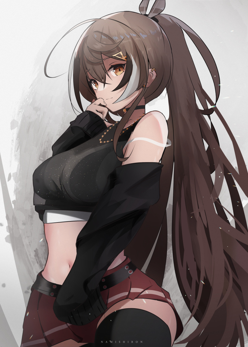1girl absurdres ahoge bangs bare_shoulders black_choker black_legwear bra_visible_through_clothes breasts brown_eyes brown_hair choker closed_mouth crop_top ear_piercing eyebrows_visible_through_hair feather_hair_ornament feathers hair_between_eyes hair_ornament highres hololive large_breasts long_hair long_sleeves looking_at_viewer midriff multicolored_hair namishiron nanashi_mumei navel piercing pleated_skirt ponytail red_skirt skirt sleeves_past_fingers sleeves_past_wrists solo streaked_hair thigh-highs very_long_hair virtual_youtuber white_hair