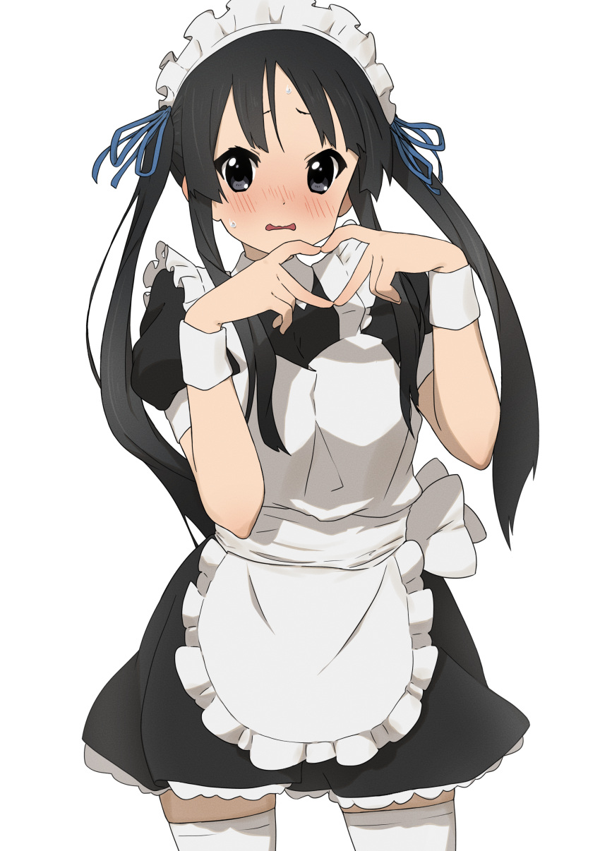 1girl absurdres akiyama_mio alternate_costume alternate_hairstyle apron bangs black_dress black_eyes black_hair blue_ribbon blush collar commentary_request dress embarrassed enmaided frilled_apron frills hair_ribbon heart heart_hands highres hime_cut k-on! kicchi_(tmgk) long_hair looking_at_viewer maid maid_headdress official_alternate_costume open_mouth puffy_short_sleeves puffy_sleeves ribbon short_sleeves simple_background solo thigh-highs twintails white_apron white_background white_collar white_legwear white_wristband wristband zettai_ryouiki