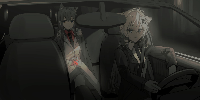 2girls :d absurdres animal_ear_fluff animal_ears arknights bangs between_fingers black_gloves black_hair black_jacket black_necktie blue_eyes brown_eyes car_interior chihuri cigarette closed_mouth collared_shirt commentary_request crossed_legs dress_shirt ear_piercing eyebrows_visible_through_hair formal fur-trimmed_jacket fur_trim gloves grey_hair hair_between_eyes hair_ornament hairclip highres holding holding_cigarette jacket jacket_on_shoulders lappland_(arknights) long_hair long_sleeves multiple_girls necktie night open_clothes open_jacket pant_suit pants piercing red_gloves red_shirt scar scar_across_eye shirt sitting smile suit texas_(arknights) white_jacket white_pants white_shirt