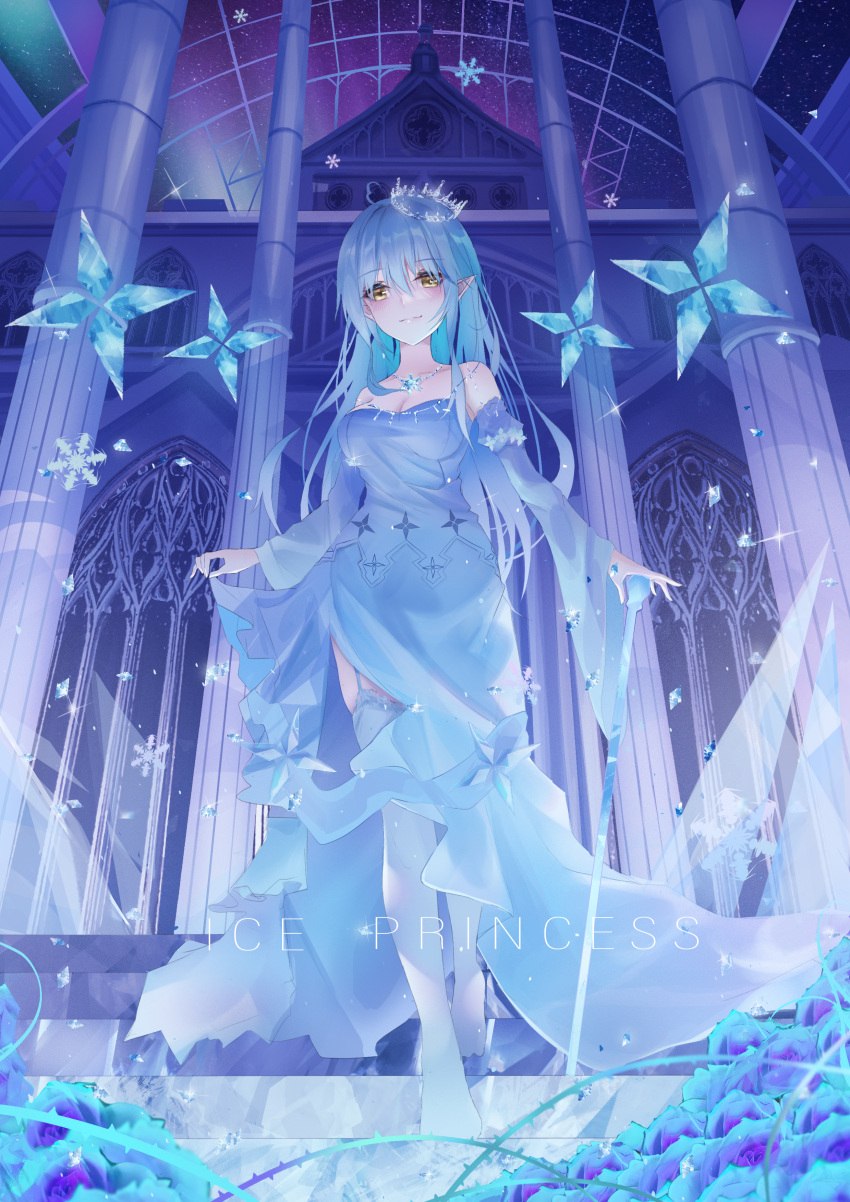 1girl absurdres bangs blue_dress blue_hair blue_legwear breasts brown_eyes clothes_lift detached_sleeves dress dress_lift english_text eyebrows_visible_through_hair full_body garter_straps highres hololive ice ice_shard jewelry large_breasts long_hair looking_at_viewer necklace pillar pointy_ears snowflakes solo sparkle strapless strapless_dress thigh-highs tiara turbulence virtual_youtuber yukihana_lamy