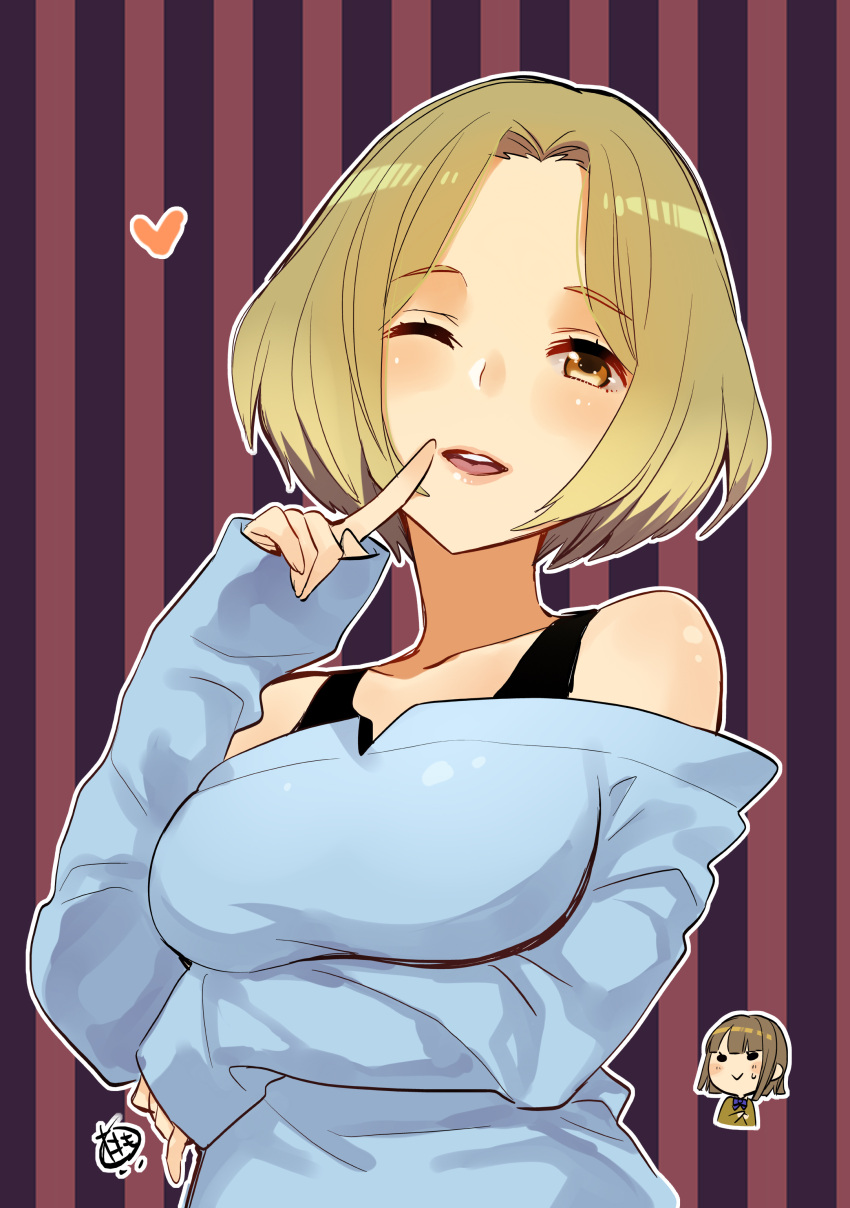 1girl ;d absurdres blonde_hair blue_sweater brown_eyes character_request collarbone hair_intakes heart highres index_finger_raised long_sleeves momoyama_hinase off-shoulder_sweater off_shoulder one_eye_closed open_mouth outline school_girl_strikers shiny shiny_hair short_hair sleeves_past_wrists smile solo straight_hair striped striped_background sweater upper_body