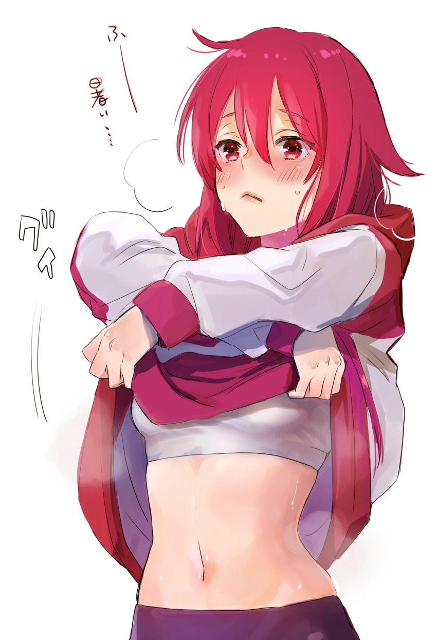 1girl absurdres bangs blush character_request closed_mouth clothes_lift embarrassed eyebrows_visible_through_hair frown hair_between_eyes hair_down highres kyoubashi_amane lifted_by_self long_hair long_sleeves midriff momoyama_hinase navel red_eyes redhead school_girl_strikers shiny shiny_hair sketch solo sports_bra stomach straight_hair sweatdrop sweater sweater_lift undressing upper_body white_background white_sleeves white_sports_bra