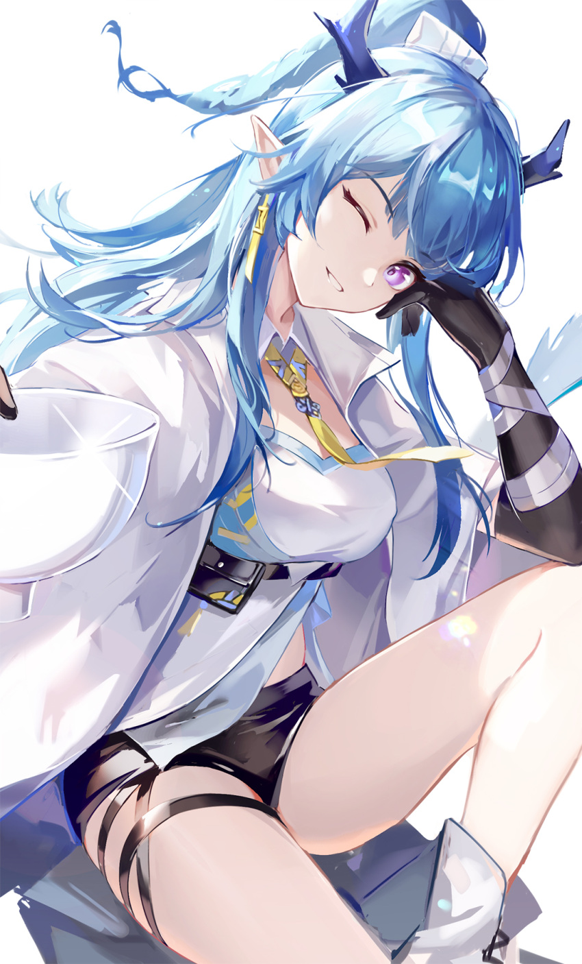 1girl ;d arknights bangs bare_legs black_gloves blue_hair boots braid breasts coat cup detached_collar dragon_horns earrings elbow_gloves eyebrows_visible_through_hair feet_out_of_frame glint gloves head_tilt highres holding holding_cup horns japanese_clothes jewelry kimono knee_boots knee_up large_breasts ling_(arknights) long_hair long_sleeves necktie one_eye_closed open_clothes open_coat parted_lips pointy_ears simple_background sitting smile solo thigh_strap underbust uza very_long_hair violet_eyes white_background white_coat white_footwear wide_sleeves yellow_necktie