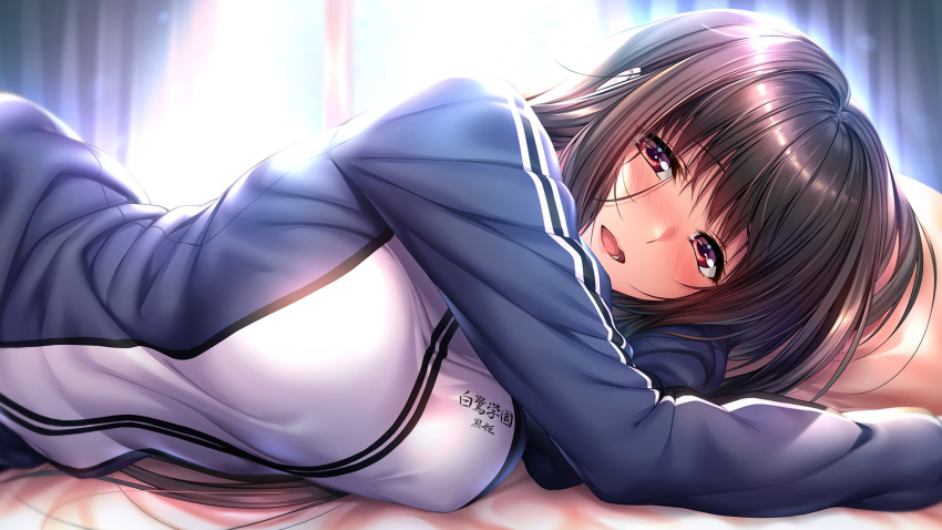 1girl amakano_2 azarashi_soft bangs bed black_hair blush breast_press breasts eyebrows_visible_through_hair female_focus game_cg highres indoors jacket kurohime_yuuki large_breasts long_hair looking_at_viewer lying navel on_bed on_side open_mouth pillow piromizu red_eyes solo track_jacket upper_body