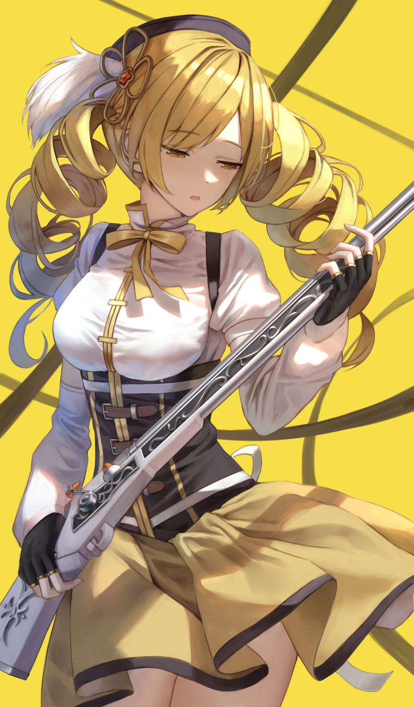 1girl black_gloves blonde_hair breasts corset cowboy_shot drill_hair fingerless_gloves gloves gun hair_ornament half-closed_eyes hat hat_feather highres holding holding_gun holding_weapon large_breasts long_hair long_sleeves looking_down mahou_shoujo_madoka_magica musket neck_ribbon open_mouth plume ribbon shirt skirt solo superpig tomoe_mami twin_drills weapon white_shirt yellow_background yellow_eyes yellow_ribbon yellow_skirt