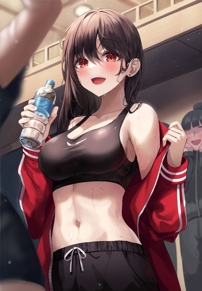 1girl blush dripping gym indoors logo long_hair looking_at_viewer navel original smile solo_focus sports_bra sportswear stomach sweat sweating_profusely track_jacket water water_bottle wet wet_hair