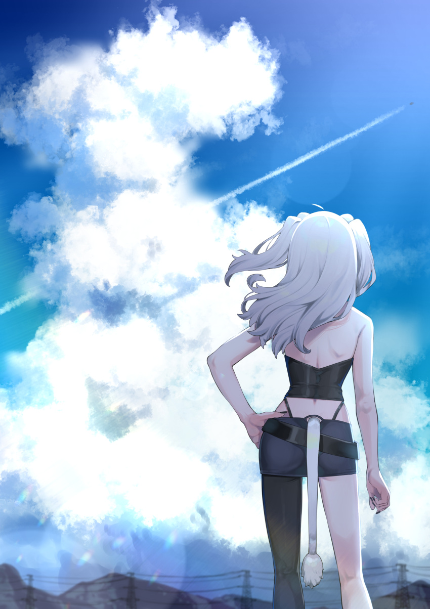 1girl absurdres ahoge arm_at_side bare_arms black_legwear black_nails black_skirt clouds cloudy_sky crop_top day facing_away from_behind hand_on_hip highres hololive lion_tail long_hair mikan_(chipstar182) nail_polish outdoors panty_straps power_lines shishiro_botan silver_hair single_leg_pantyhose skirt sky solo standing tail two_side_up virtual_youtuber