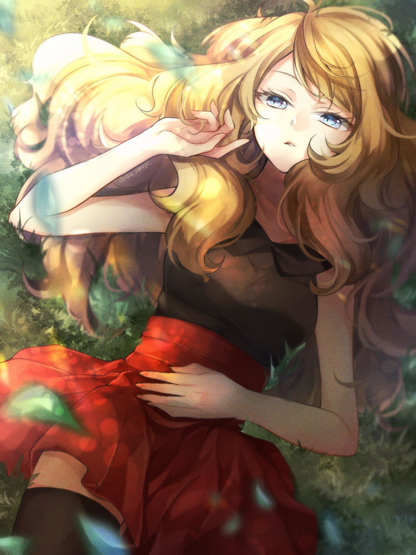 1girl bangs black_legwear blonde_hair blue_eyes blurry collared_shirt commentary_request day eyelashes from_above grass high-waist_skirt highres leaf leaves_in_wind long_hair lying on_back outdoors parted_lips pokemon pokemon_(game) pokemon_xy red_skirt serena_(pokemon) shirt skirt sleeveless sleeveless_shirt solo thigh-highs yomogi_(black-elf)