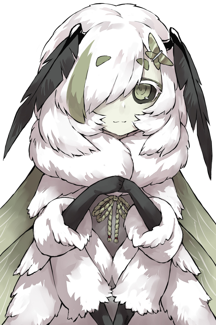 1girl antennae arthropod_girl black_sclera child colored_sclera colored_skin extra_arms green_eyes green_hair green_skin hair_over_one_eye haraya_manawari highres indie_virtual_youtuber insect_wings juniper_actias moth_girl moth_hair_ornament moth_wings multicolored_hair smile solo streaked_hair upper_body virtual_youtuber white_hair wings younger