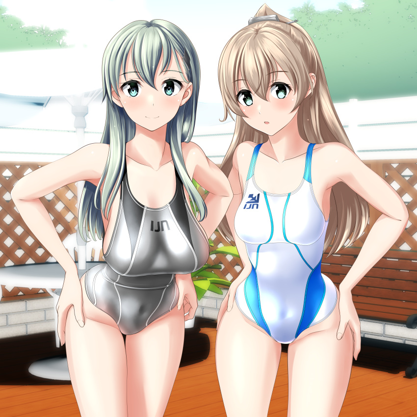 2girls absurdres beach_umbrella clothes_writing competition_swimsuit cowboy_shot fence green_eyes grey_swimsuit hair_ornament hairclip hands_on_hips highres kantai_collection kumano_(kancolle) leaning_forward long_hair looking_at_viewer multicolored_clothes multicolored_swimsuit multiple_girls one-piece_swimsuit silver_hair suzuya_(kancolle) swimsuit table takafumi umbrella white_swimsuit