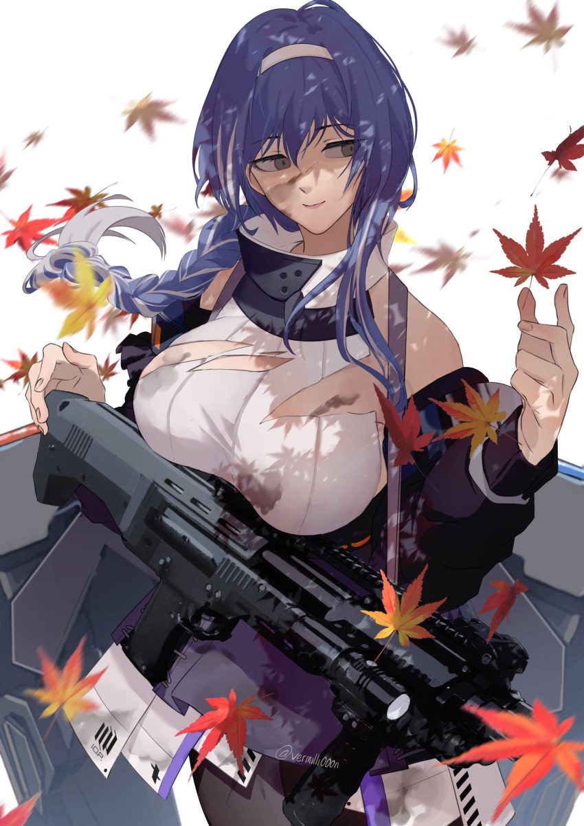 1girl arm_up bangs black_legwear blue_hair blue_jacket blue_skirt braid braided_ponytail breasts closed_mouth dp-12_(girls'_frontline) eyebrows_visible_through_hair girls_frontline grey_eyes gun hairband highres holding holding_gun holding_weapon jacket jacket_pull large_breasts lips long_hair looking_away pantyhose petals shotgun skirt smile solo standard_manufacturing_dp-12 standing sweater_vest torn_sweater_vest twitter_username vermilli000n weapon white_background white_hairband white_sweater_vest