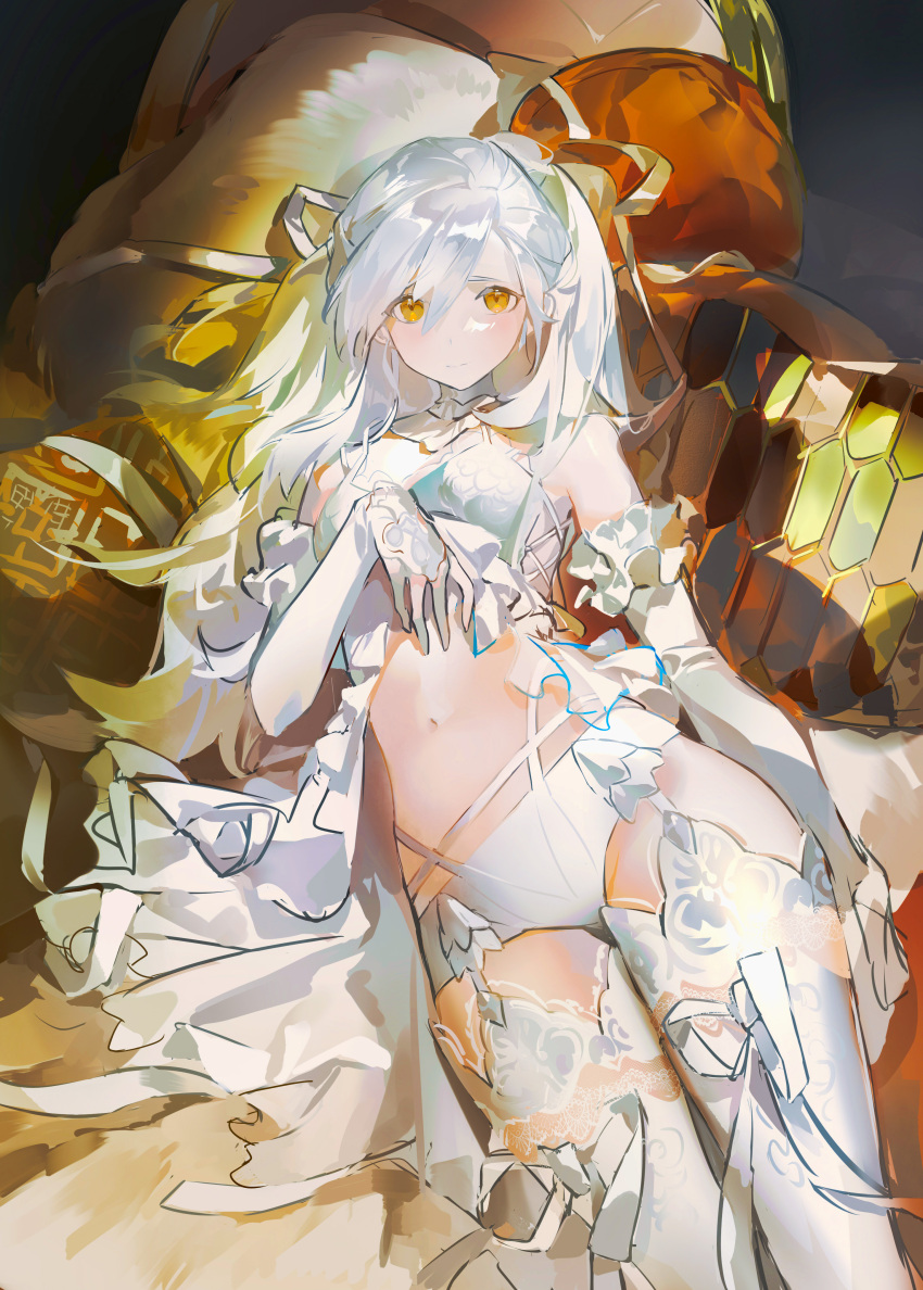 1girl absurdres alchemy_stars bangs bare_shoulders bra breasts character_request closed_mouth collar cowboy_shot detached_collar elbow_gloves eyebrows_behind_hair frilled_gloves frills garter_straps gloves gold hair_between_eyes highres jing_mei_(hisk) light_smile long_hair looking_at_viewer navel orange_eyes panties small_breasts solo thigh-highs thighs throne underwear white_bra white_collar white_gloves white_hair white_panties