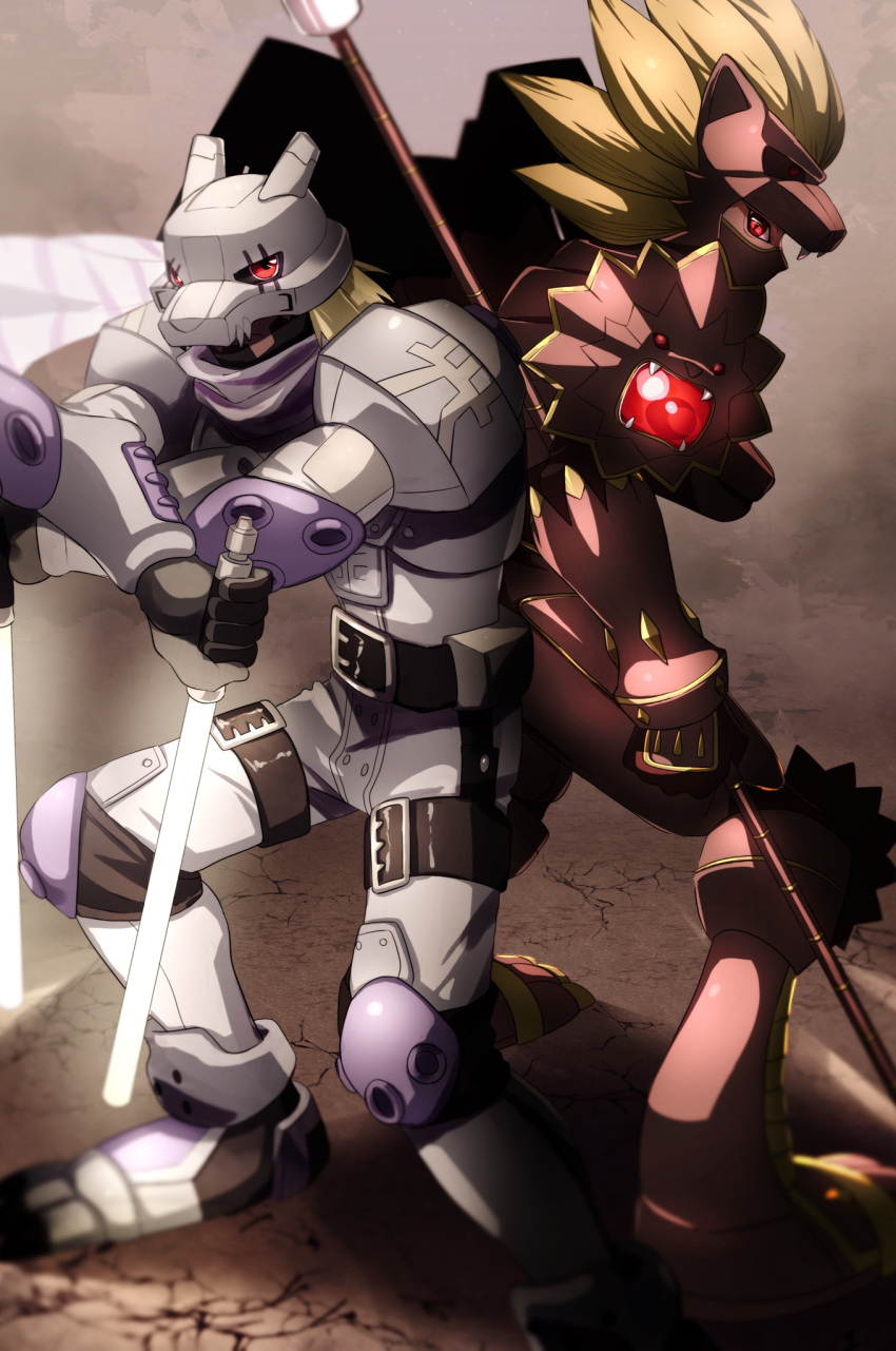 2boys armor armored_boots back-to-back belt black_belt black_gloves blonde_hair boots digimon digimon_frontier full_body gloves glowing grey_pants helmet highres holding holding_weapon knee_pads lion_mask long_hair looking_at_viewer loweemon male_focus multiple_boys pants red_eyes shoulder_armor standing takeda_conomi weapon wolfmon
