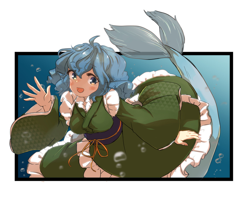 1girl blue_eyes blue_hair blush breasts drill_hair frilled_kimono frills head_fins highres japanese_clothes kimono long_sleeves looking_at_viewer mermaid monster_girl obi open_mouth sash short_hair smile solo touhou uisu_(noguchipint) wakasagihime wide_sleeves