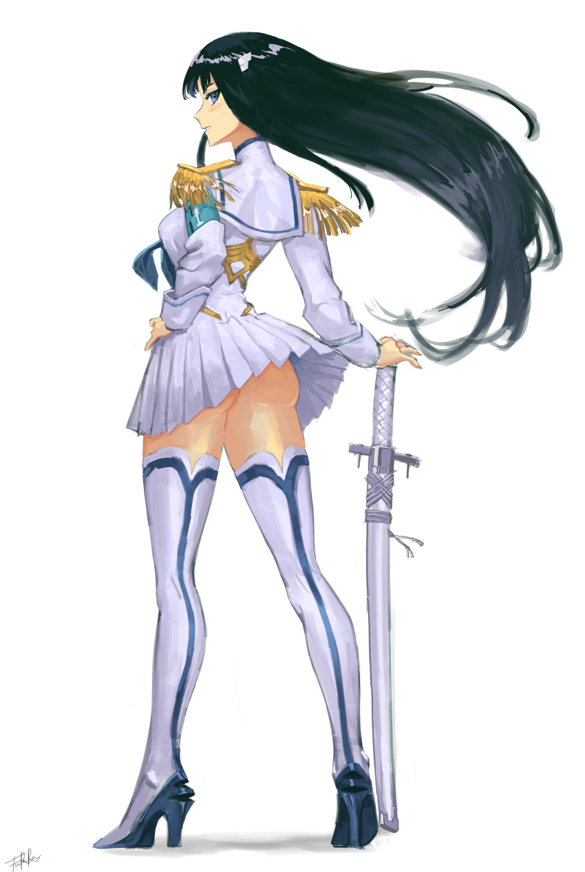 1girl absurdres ass bangs black_hair blue_eyes boots breasts from_behind full_body furaidoraisuu hand_on_hip high_heels highres junketsu kill_la_kill kiryuuin_satsuki long_hair no_panties painting painting_(medium) pleated_skirt school_uniform skirt solo sword thigh-highs thigh_boots traditional_media weapon white_legwear