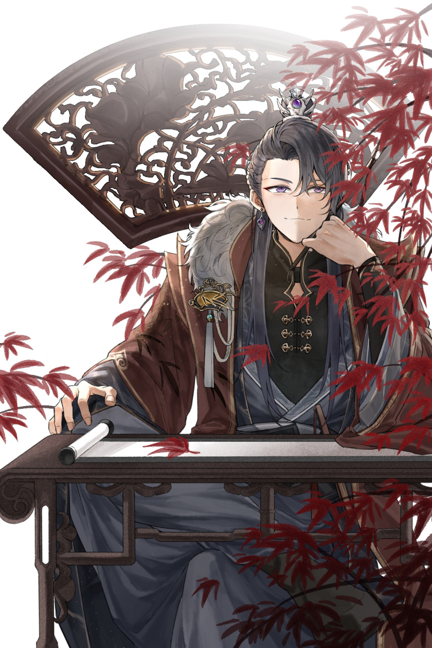 1boy alternate_hairstyle bangs chinese_clothes closed_mouth crossed_legs highres long_hair long_sleeves looking_at_viewer marius_von_hagen_(tears_of_themis) scroll simple_background sitting smile solo table tears_of_themis vvvviio white_background