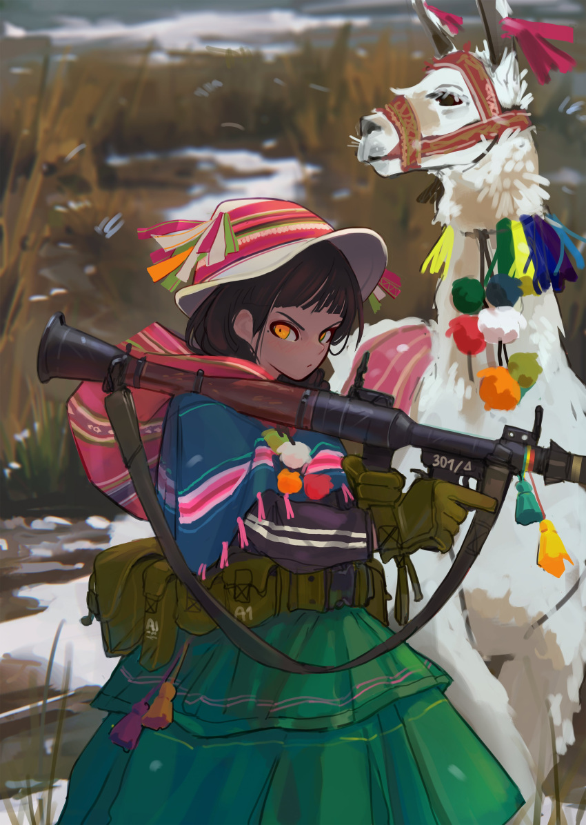 1girl absurdres alpaca animal bangs belt blurry blurry_background brown_hair closed_mouth dress gloves grass green_gloves green_skirt grenade_launcher hat highres holding holding_weapon long_sleeves looking_at_viewer medium_hair orange_eyes original outdoors polilla rocket_launcher rpg skirt solo standing weapon