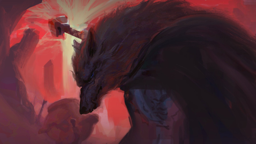 1boy 1other animal_head armor black_cape blaidd_the_half-wolf blue_eyes breastplate cape closed_mouth elden_ring erdtree_(elden_ring) furry furry_male highres iron_fist_alexander looking_at_viewer mapodofuart red_theme sword tusks weapon weapon_on_back