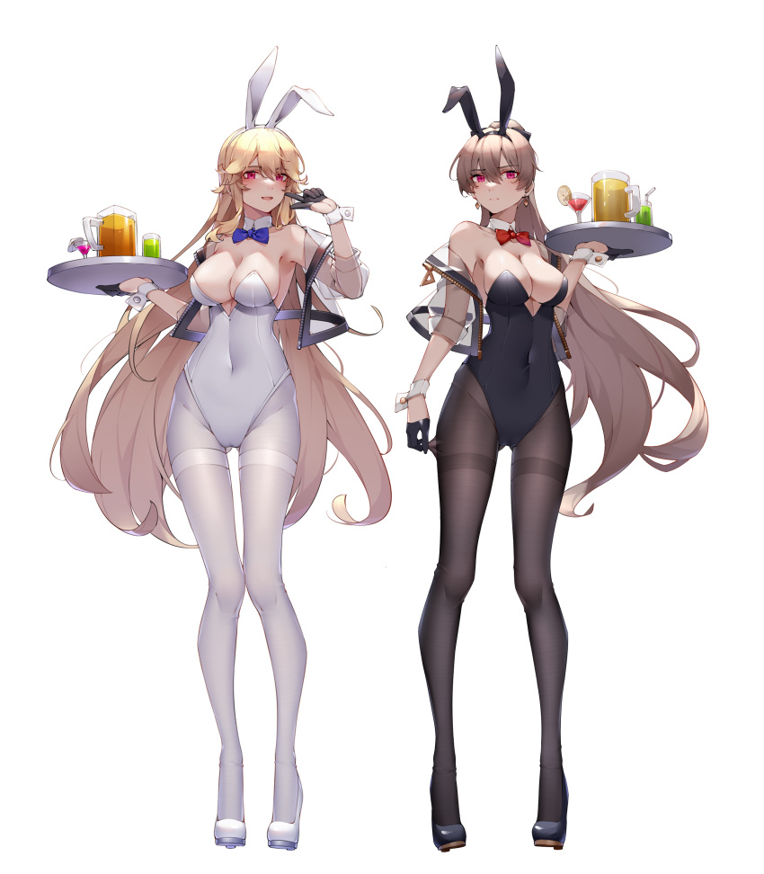 2girls absurdres alternate_costume animal_ears ass_visible_through_thighs azur_lane black_gloves black_legwear blonde_hair blush breasts brown_hair commentary_request covered_navel earrings fake_animal_ears gloves half_gloves highres holding holding_tray jean_bart_(azur_lane) jewelry large_breasts leotard long_hair multiple_girls pantyhose rabbit_ears red_eyes richelieu_(azur_lane) strapless strapless_leotard thigh_gap thighband_pantyhose tray white_legwear wrist_cuffs wsfw