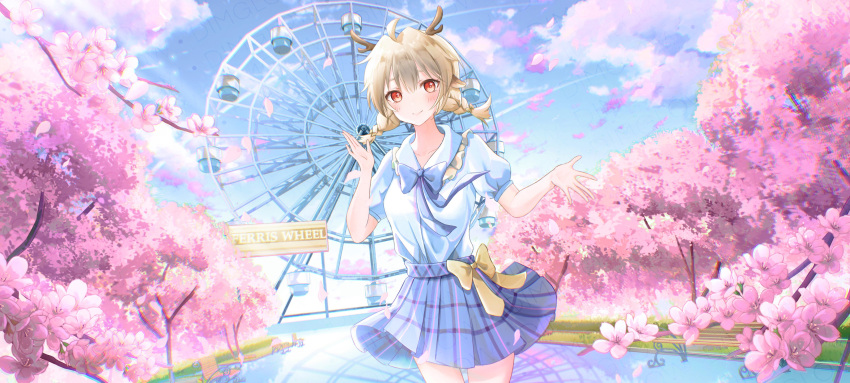 1girl absurdres antlers bench blonde_hair blouse blue_blouse blue_skirt blue_sky braid cherry_blossoms cherry_tree collarbone cowboy_shot dimglow falling_petals ferris_wheel hands_up highres medium_hair original petals red_eyes reflective_floor scenery shirt_tucked_in skirt sky solo twin_braids