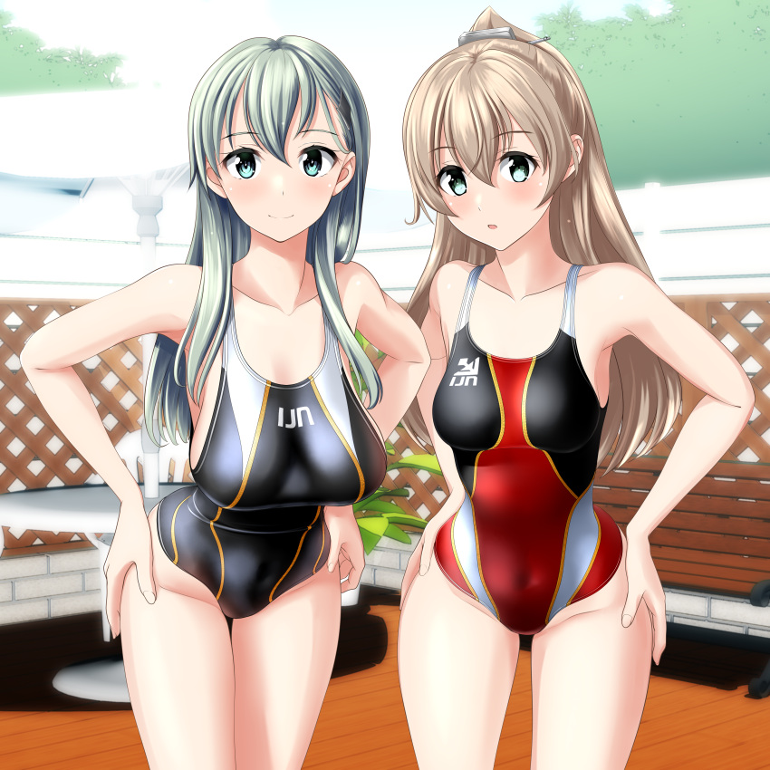 2girls absurdres beach_umbrella black_swimsuit clothes_writing competition_swimsuit cowboy_shot fence green_eyes hair_ornament hairclip hands_on_hips highres kantai_collection kumano_(kancolle) leaning_forward long_hair looking_at_viewer multicolored_clothes multicolored_swimsuit multiple_girls one-piece_swimsuit red_swimsuit silver_hair suzuya_(kancolle) swimsuit table takafumi umbrella