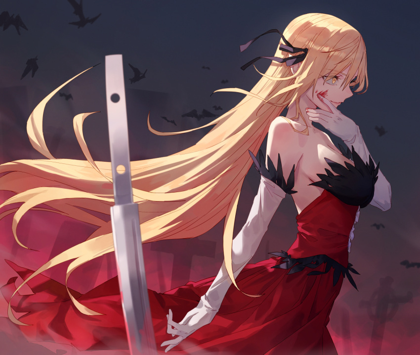 1girl bangs bare_shoulders black_ribbon blonde_hair blood blood_on_clothes blood_on_face blood_on_gloves breasts collarbone commentary_request dress elbow_gloves eyebrows_visible_through_hair gloves hair_between_eyes hair_ribbon hand_on_own_face highres kiss-shot_acerola-orion_heart-under-blade large_breasts long_hair monogatari_(series) pointy_ears red_dress ribbon solo sword tesin_(7aehyun) vampire very_long_hair weapon white_gloves yellow_eyes