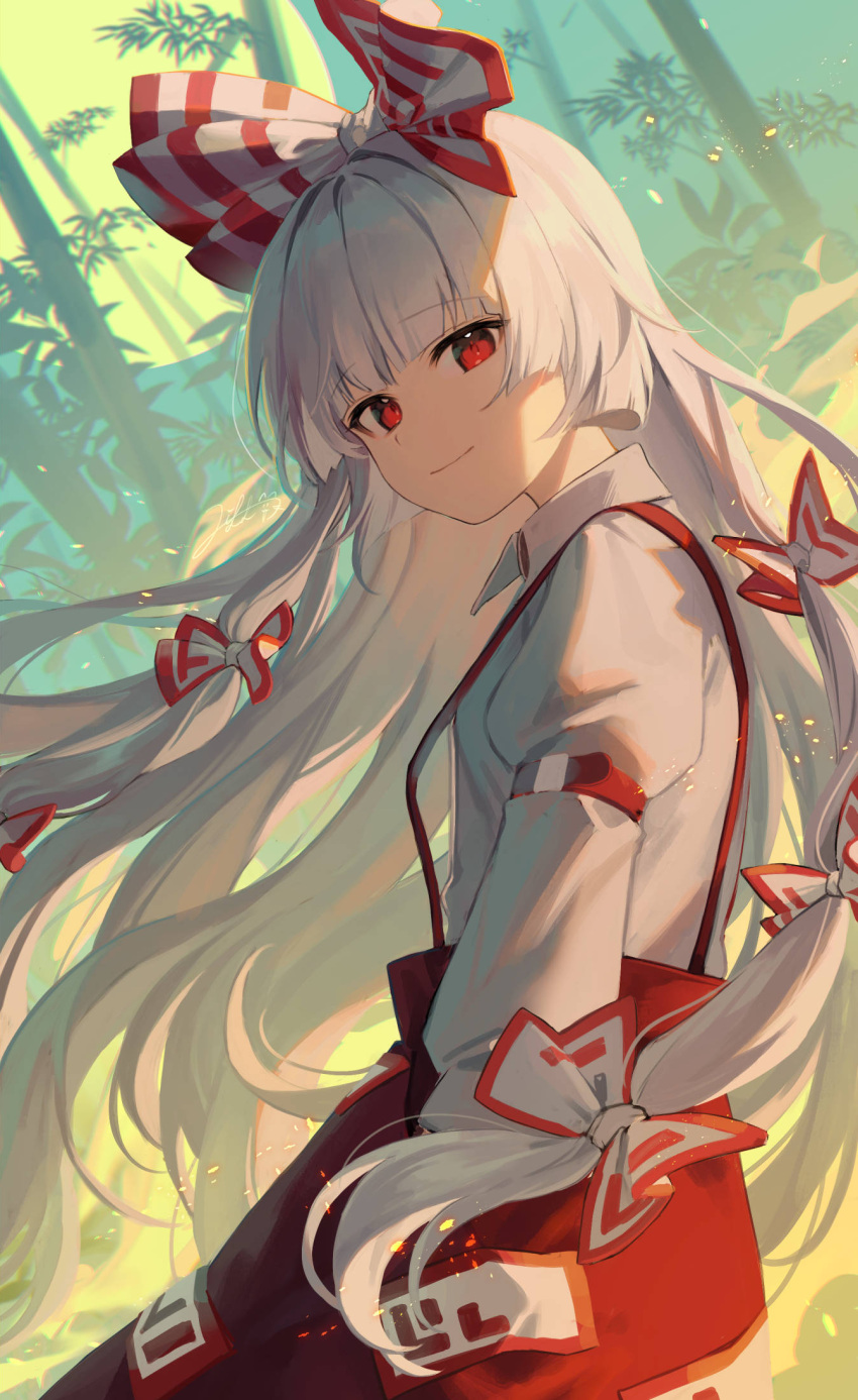 1girl bamboo bangs blue_sky bow breasts closed_mouth collared_shirt commentary_request eyebrows_visible_through_hair eyelashes eyes_visible_through_hair forest from_side fujiwara_no_mokou full_moon grey_bow grey_hair grey_shirt hair_bow hand_in_pocket highres jill_07km juliet_sleeves leaf light long_hair long_sleeves looking_at_viewer moon nature ofuda ofuda_on_clothes pants puffy_long_sleeves puffy_sleeves red_bow red_eyes red_pants shadow shirt sky small_breasts smile solo standing touhou white_bow yellow_moon