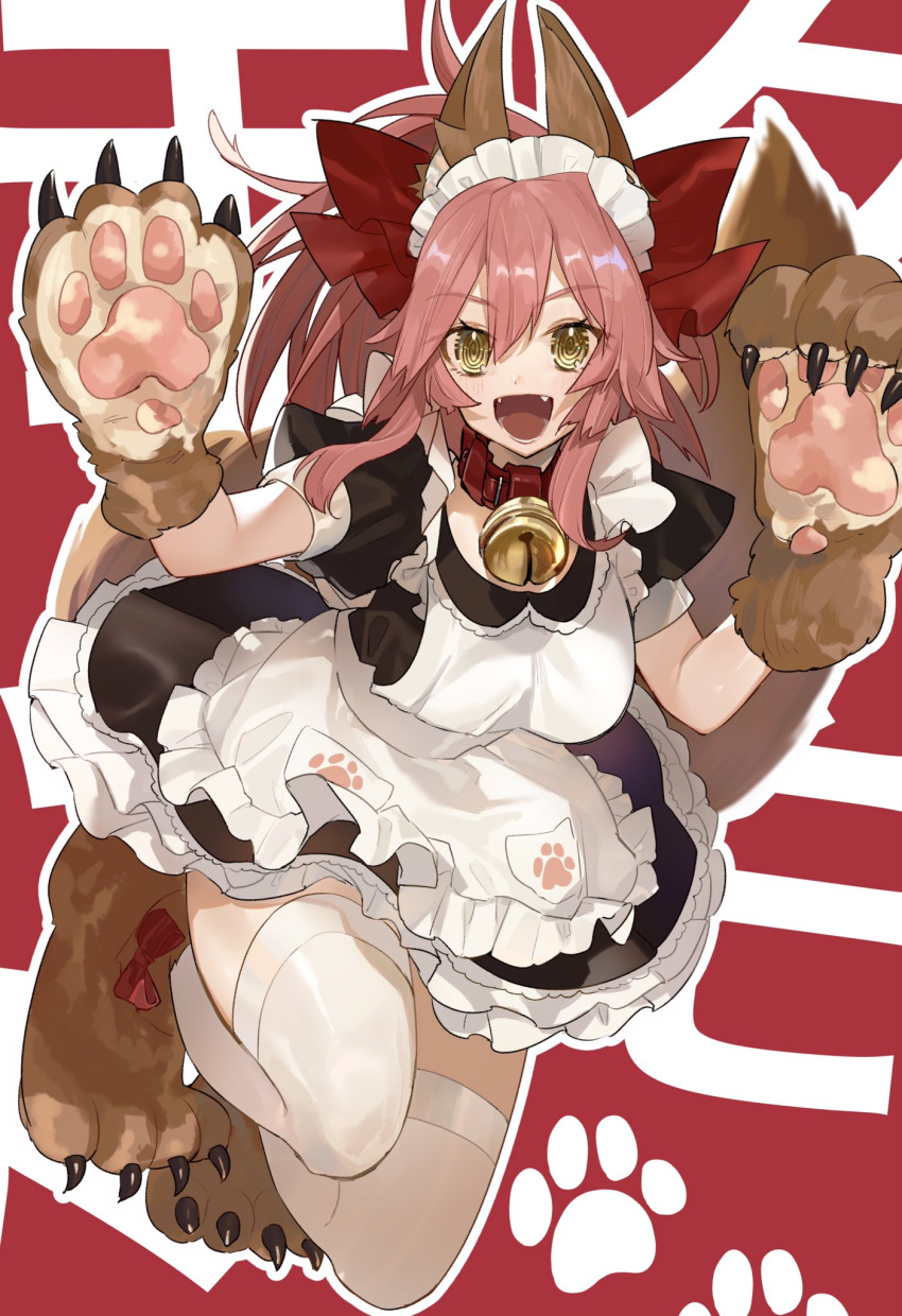 1girl :d @_@ animal_collar animal_ear_fluff animal_ears animal_feet animal_hands apron bangs bell bow breasts claws collar crazy_eyes eyebrows_visible_through_hair eyelashes fang fate/grand_order fate_(series) fox_ears fox_girl fox_tail hair_between_eyes hair_bow highres hino_hinako jingle_bell large_breasts long_hair looking_at_viewer maid_apron maid_headdress neck_bell open_mouth paw_print ponytail red_bow red_collar short_sleeves sidelocks smile solo symbol-only_commentary tail tamamo_(fate) tamamo_cat_(fate) teeth thigh-highs tongue white_legwear yellow_eyes zettai_ryouiki