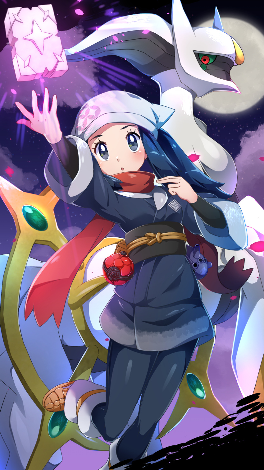 1girl :o absurdres akari_(pokemon) arceus black_hair black_legwear black_sash black_shirt blush brown_footwear cherish_ball commentary_request eyelashes glowing grey_eyes grey_jacket grey_skirt head_scarf highres jacket long_hair loose_socks miyama-san pantyhose poke_ball pokemon pokemon_(creature) pokemon_(game) pokemon_legends:_arceus ponytail sash shirt shoes sidelocks skirt white_headwear white_legwear