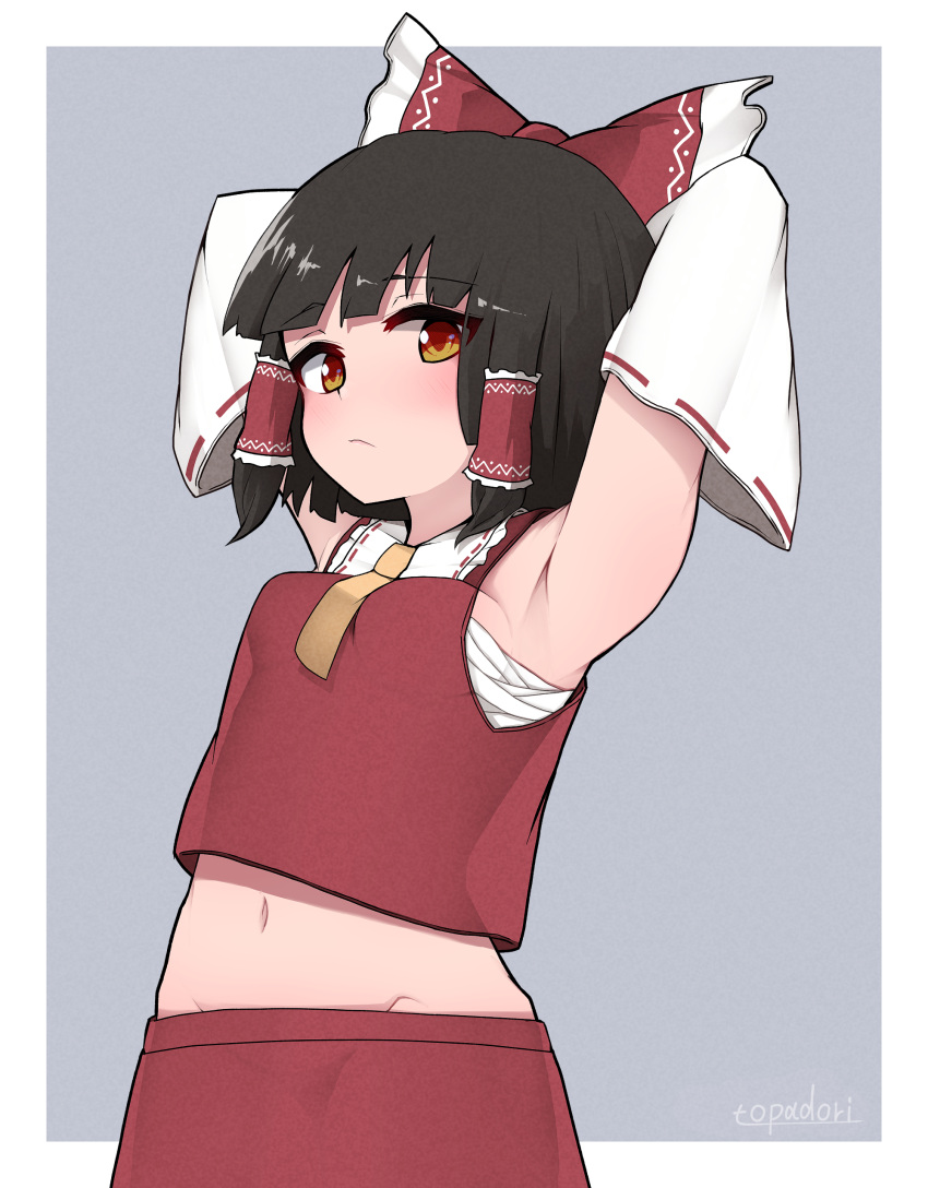 1girl absurdres armpits arms_up artist_name bandages bangs bare_shoulders black_hair border bow breasts brown_eyes closed_mouth collared_shirt commentary_request detached_sleeves eyebrows_visible_through_hair eyes_visible_through_hair frills grey_background hair_bow hair_ornament hair_tubes hakurei_reimu hands_up highres long_sleeves looking_at_viewer medium_breasts navel necktie red_bow red_shirt red_skirt sarashi shirt simple_background skirt solo standing topadori touhou white_border wide_sleeves yellow_necktie