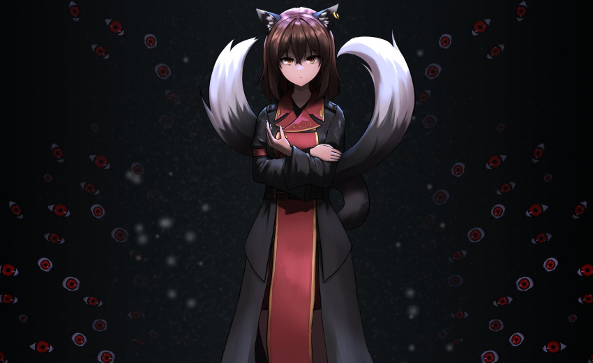 1girl :&lt; allcy49 alternate_costume animal_ears black_background black_coat brown_eyes brown_hair cat_ears chen coat commentary_request crossed_arms disembodied_eye earrings eyes hair_between_eyes highres jewelry long_coat looking_at_viewer multiple_tails nekomata older short_hair single_earring solo tail touhou two_tails