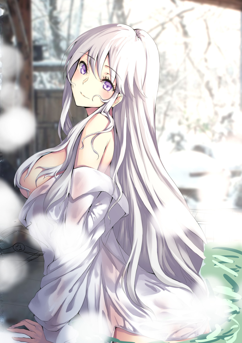 1girl absurdres alternate_costume azur_lane bangs blush breasts closed_mouth clothes_pull enterprise_(azur_lane) eyebrows_visible_through_hair highres large_breasts long_hair looking_at_viewer looking_to_the_side mikoto_(mio) on_water shirt shirt_pull sideboob sidelocks silver_hair smile solo standing violet_eyes water white_shirt