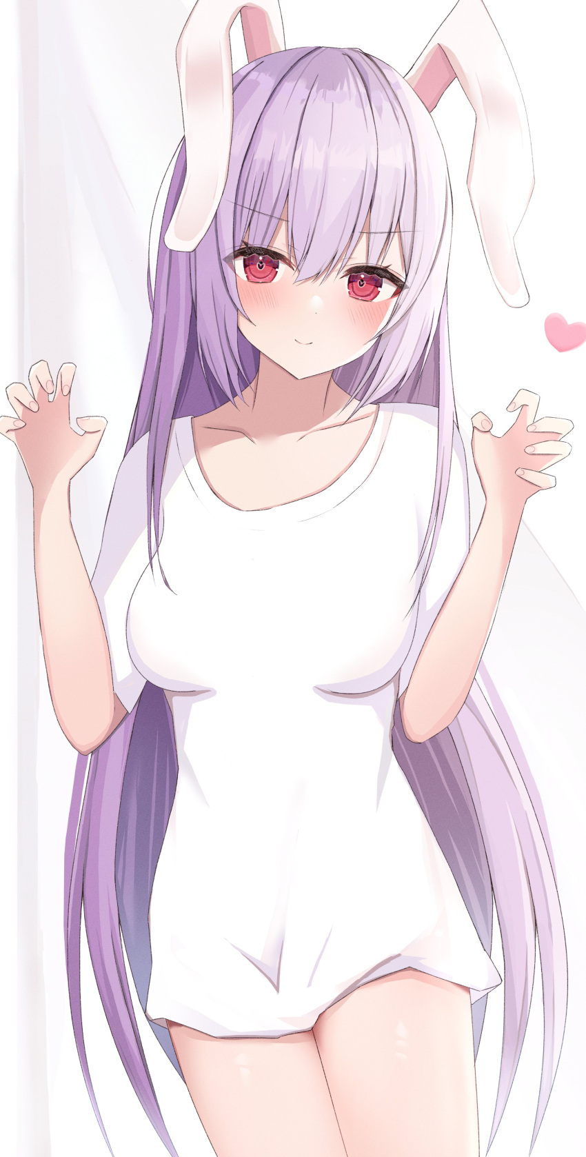1girl absurdres animal_ears aohane bangs blush breasts closed_mouth collarbone commentary_request dress eyebrows_visible_through_hair eyelashes eyes_visible_through_hair hair_between_eyes hands_up heart heart-shaped_pupils highres long_hair looking_at_viewer medium_breasts pink_eyes purple_hair rabbit_ears reisen_udongein_inaba short_dress short_sleeves simple_background solo standing symbol-shaped_pupils touhou white_background white_dress