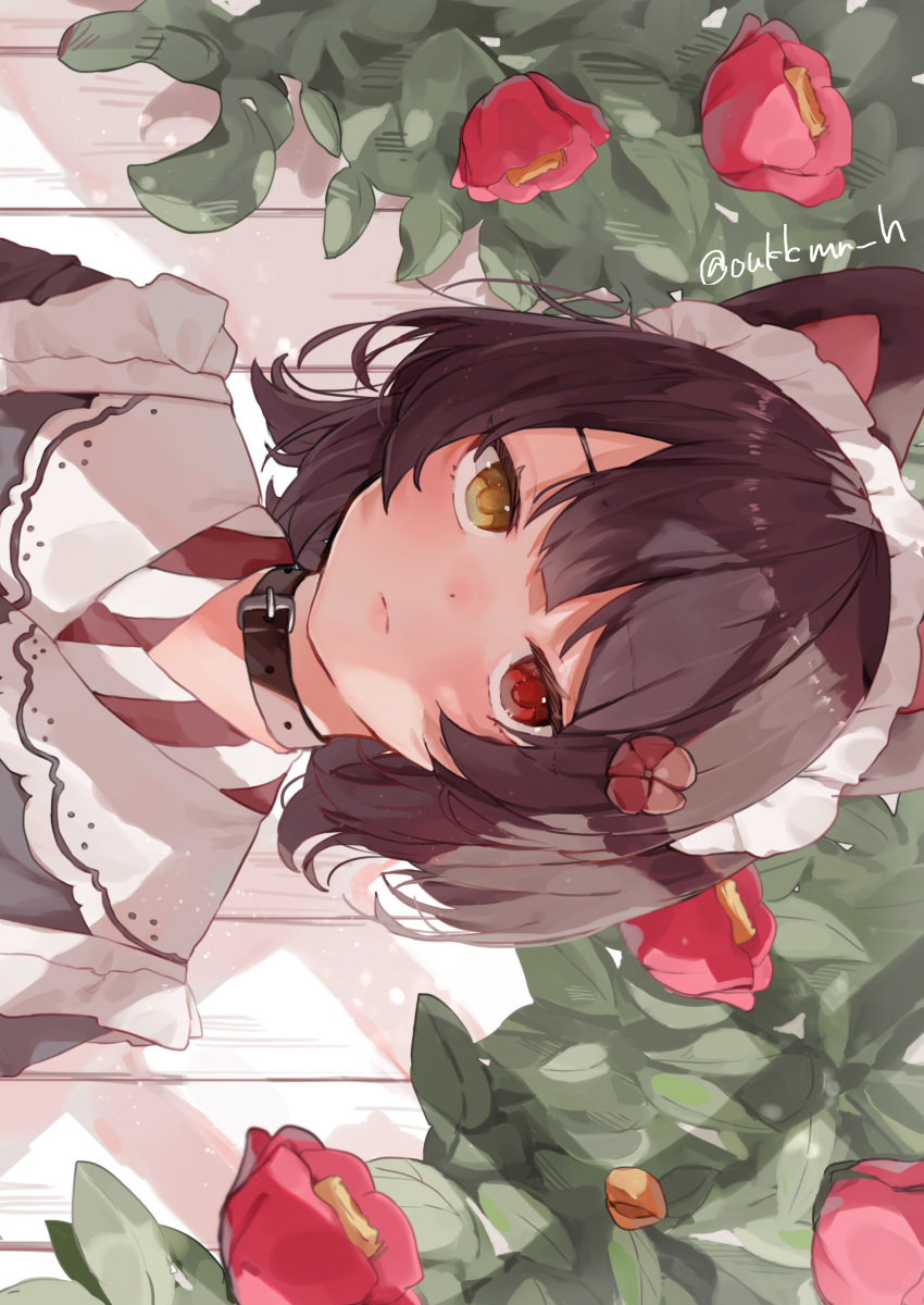 1girl absurdres animal_collar animal_ears bangs blush bored brown_hair cerberus closed_mouth collar commentary dress dutch_angle eyebrows_visible_through_hair fence flower frilled_dress frills hair_ornament harikomi heterochromia highres inui_toko looking_at_viewer maid maid_headdress medium_hair nijisanji plant red_eyes solo wooden_fence yellow_eyes