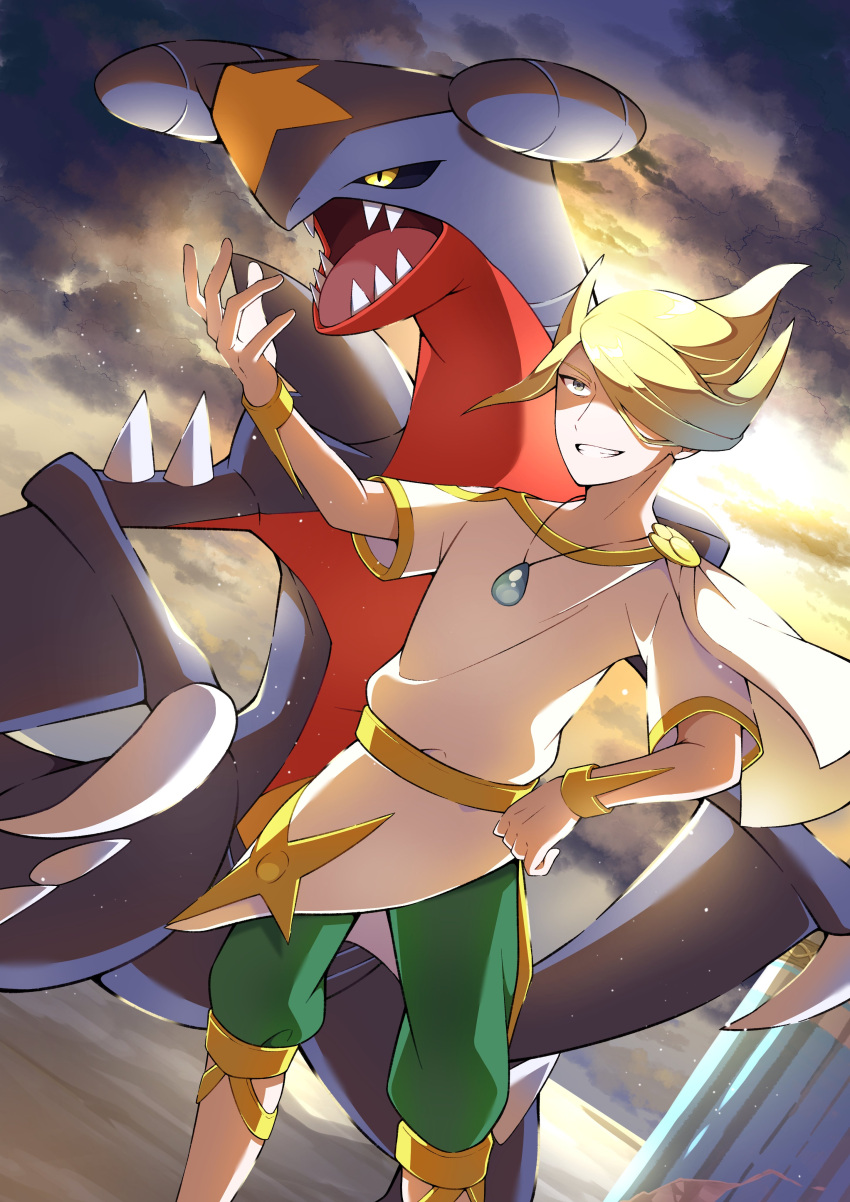 1boy absurdres blonde_hair bracelet capri_pants clouds commentary_request crack garchomp green_pants grn hand_on_hip hand_up highres jewelry male_focus necklace outdoors pants pillar pokemon pokemon_(creature) pokemon_(game) pokemon_legends:_arceus pon_yui ruins shirt short_hair short_sleeves sky smile standing teeth volo_(pokemon) white_shirt