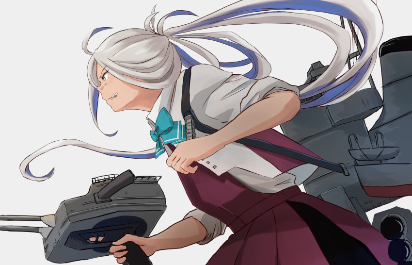 1girl adapted_turret ahoge aqua_bow aqua_bowtie asashimo_(kancolle) asashimo_kai_ni_(kancolle) blazer bow bowtie cannon commentary_request cowboy_shot dress grey_eyes hair_over_one_eye halterneck highres jacket kantai_collection kuragare long_hair machinery ponytail purple_dress school_uniform silver_hair sleeves_rolled_up solo turret