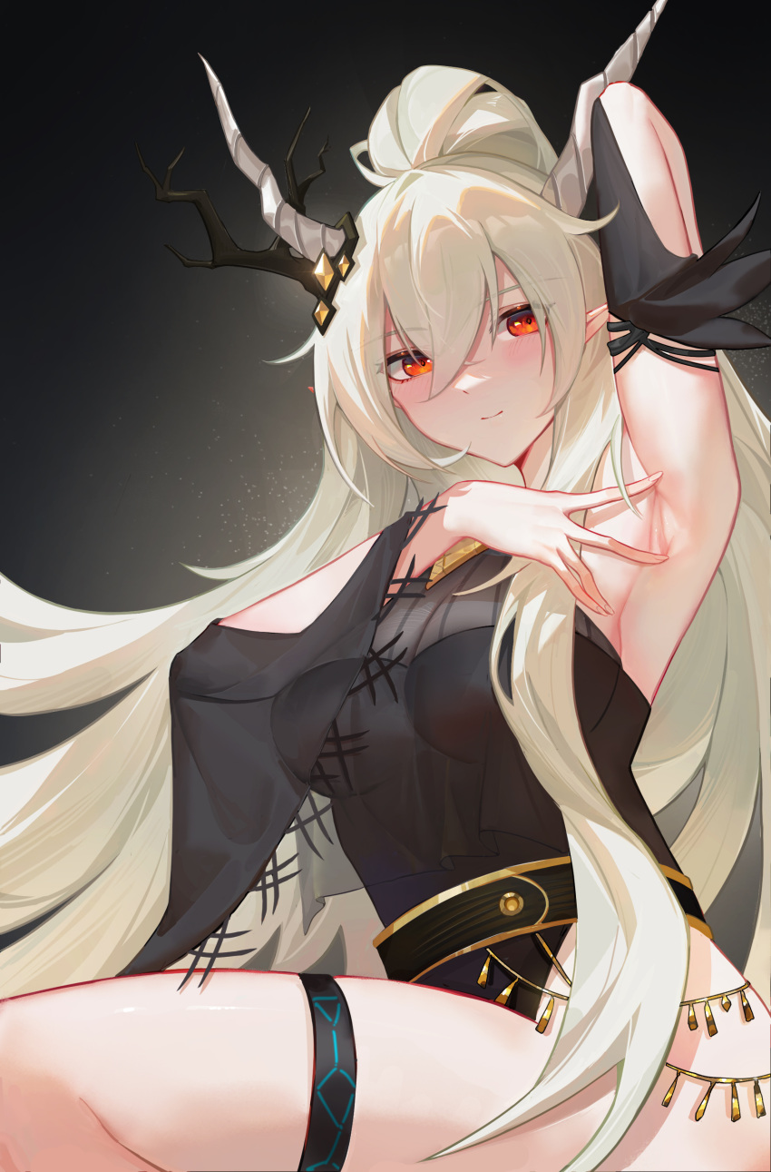 1girl absurdres arknights arm_up armpits baixu belt black_swimsuit blonde_hair blush breasts casual_one-piece_swimsuit closed_mouth dark_background gradient gradient_background hair_between_eyes high_ponytail highres horn_ornament horns infection_monitor_(arknights) large_breasts long_hair looking_at_viewer one-piece_swimsuit pointy_ears red_eyes see-through shining_(arknights) sitting smile solo spread_armpit swimsuit thigh_strap very_long_hair