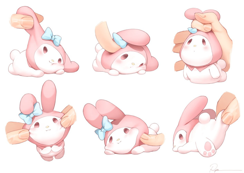 :o animal_ears blue_bow blush bow copyright_request holding lying multiple_views pulled_by_another pulling rabbit_ears ryota_(ry_o_ta) smile stuffed_toy