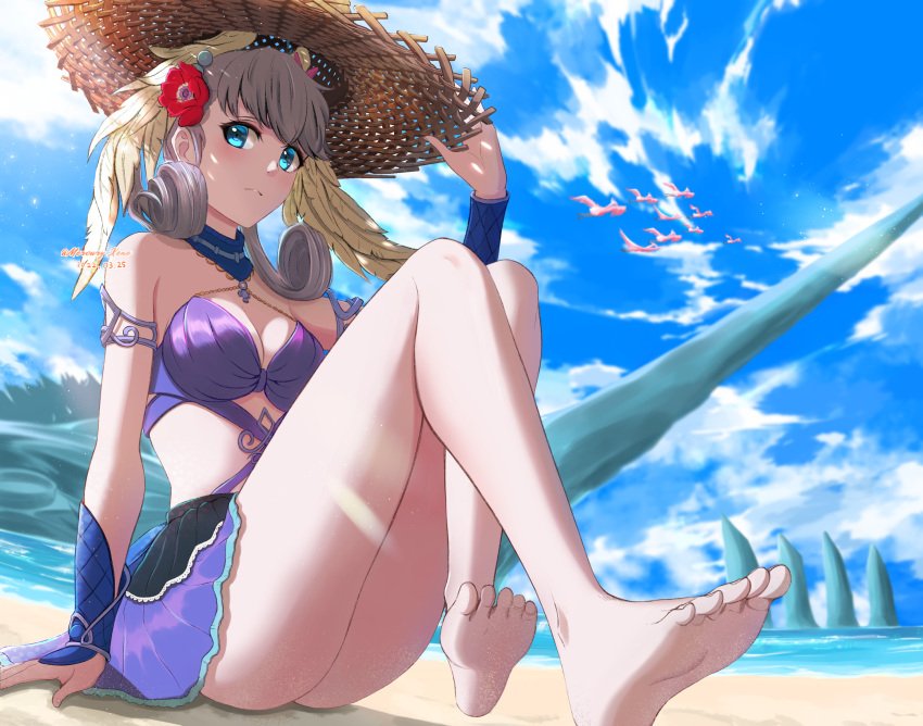 1girl barefoot beach blue_eyes breasts flower hair_flower hair_ornament hat head_wings highres melia_antiqua mercury_xeno sand silver_hair small_breasts solo straw_hat sun_hat swimsuit xenoblade_chronicles xenoblade_chronicles_(series)