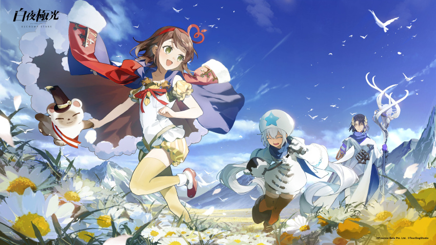 1boy 2girls absurdres alchemy_stars armor bangs bird bloomers boots brown_hair cape closed_eyes clothing_cutout clouds coat company_name copyright copyright_name daisy earrings field flower fur-trimmed_cape fur_trim gloves grass green_eyes hairband hat high_heels highres holding holding_staff holding_stuffed_toy jewelry long_hair long_sleeves louise_(alchemy_stars) low_twintails mountain mountainous_horizon multiple_girls noah_(alchemy_stars) novio_(alchemy_stars) official_art open_mouth outdoors red_ribbon ribbon running scarf shirt short_hair shoulder_armor shoulder_cutout smile staff standing stuffed_animal stuffed_toy teddy_bear thigh-highs twintails underwear white_coat white_hair white_headwear white_robe white_shirt yellow_legwear