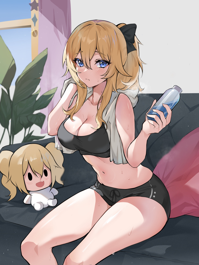 1girl absurdres bangs barbara_(genshin_impact) bare_shoulders black_shorts black_sports_bra blonde_hair blush bottle breasts breath closed_mouth couch curtains day drawstring eyebrows_visible_through_hair genshin_impact hair_between_eyes highres holding holding_bottle indoors jean_(genshin_impact) large_breasts long_hair navel paradox plant ponytail short_shorts shorts sidelocks sitting solo sports_bra stomach stuffed_toy sweat thighs towel towel_around_neck water_bottle window
