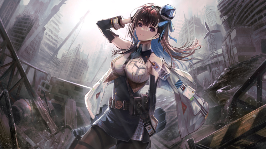 1girl absurdres arm_up bangs bare_shoulders belt black_legwear breasts brown_hair detached_sleeves dutch_angle eyebrows_visible_through_hair floating_hair goddess_of_victory:_nikke hand_in_own_hair hat highres hirose_(10011) holster jacket large_breasts long_hair looking_at_viewer marian_(goddess_of_victory:_nikke) military military_hat military_uniform necktie pantyhose pouch project_nikke ruins scenery sleeveless smile solo thigh_holster uniform violet_eyes white_jacket