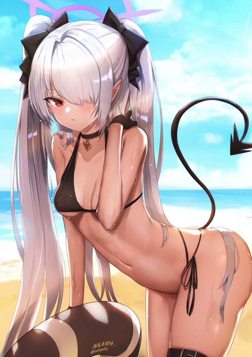 1girl absurdres artist_name bangs bikini black_bikini black_bow blue_archive blue_sky blush bow closed_mouth clouds commentary_request day demon_tail grey_hair hair_bow hair_over_one_eye halo highres horizon innertube iori_(blue_archive) leaning_forward nekoya_(liu) ocean outdoors pointy_ears red_eyes side-tie_bikini signature sky solo standing swimsuit tail twintails twitter_username water