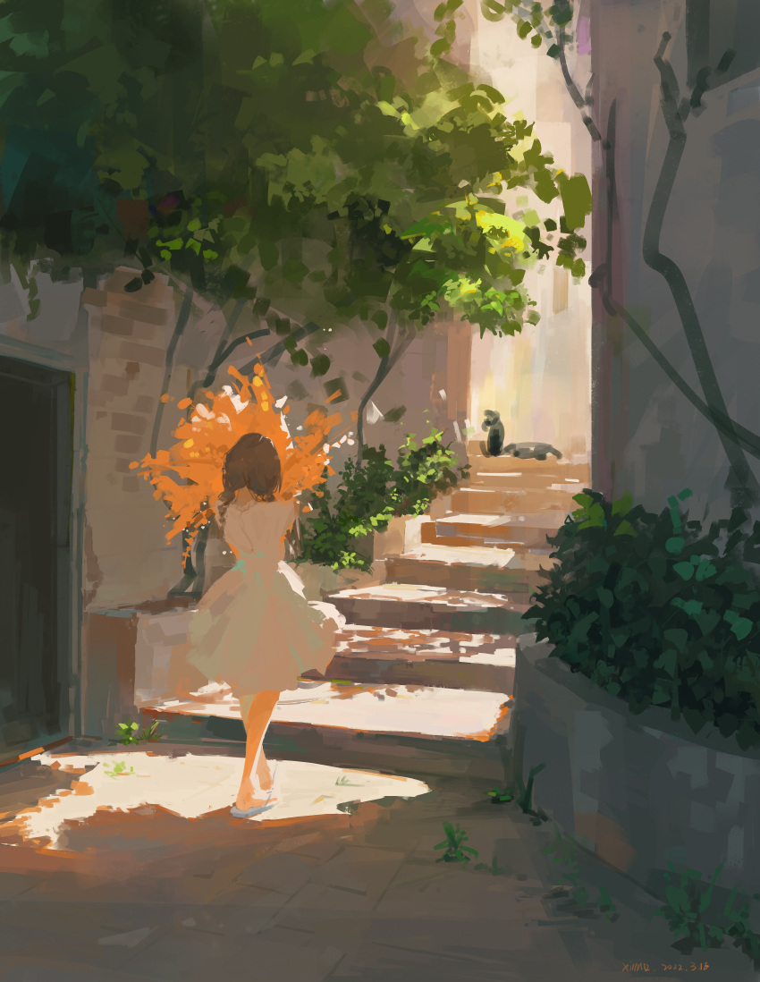 1girl absurdres artist_name blue_footwear bouquet braid brown_hair bush commentary dated day dress facing_away flower highres holding holding_bouquet long_hair orange_flower original outdoors sandals solo stairs tree twin_braids white_dress xilmo