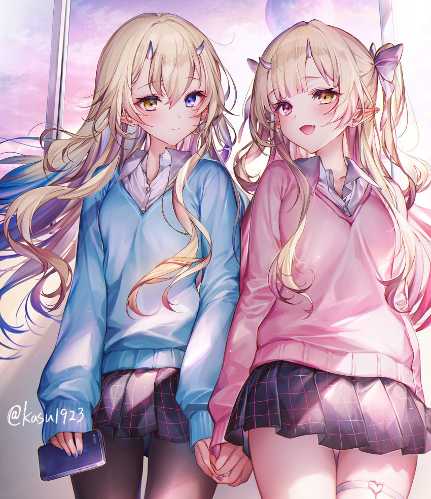 2girls bangs blonde_hair blue_nails blush bow cardigan cellphone collared_shirt ear_piercing hair_bow heterochromia highres holding_hands horns komeshiro_kasu long_hair looking_at_viewer multiple_girls open_mouth original pantyhose phone piercing pink_nails pointy_ears shirt skirt smartphone smile twintails