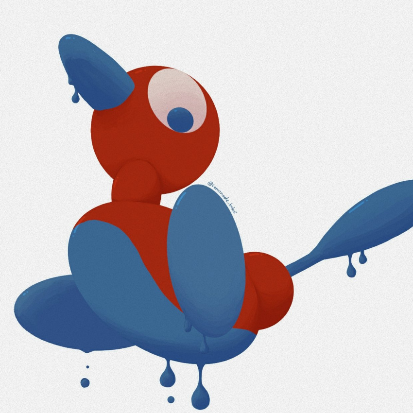 blue_eyes commentary_request dripping film_grain grey_background highres lemonade_kokoi looking_at_viewer looking_down no_humans pokemon pokemon_(creature) porygon2 solo twitter_username